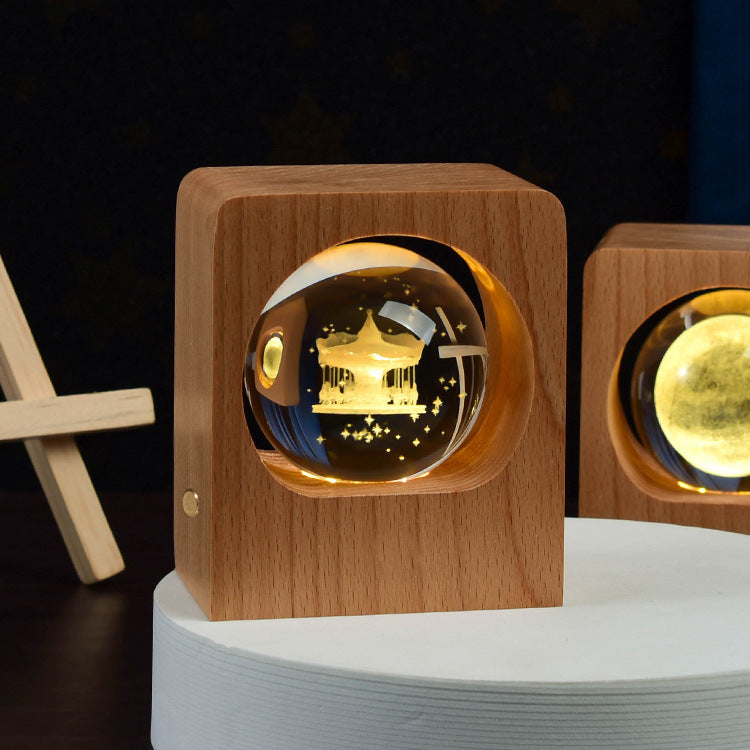 Beech Crystal Ball Night Light 3D Laser Engraving Elk Jellyfish LED Nightlights